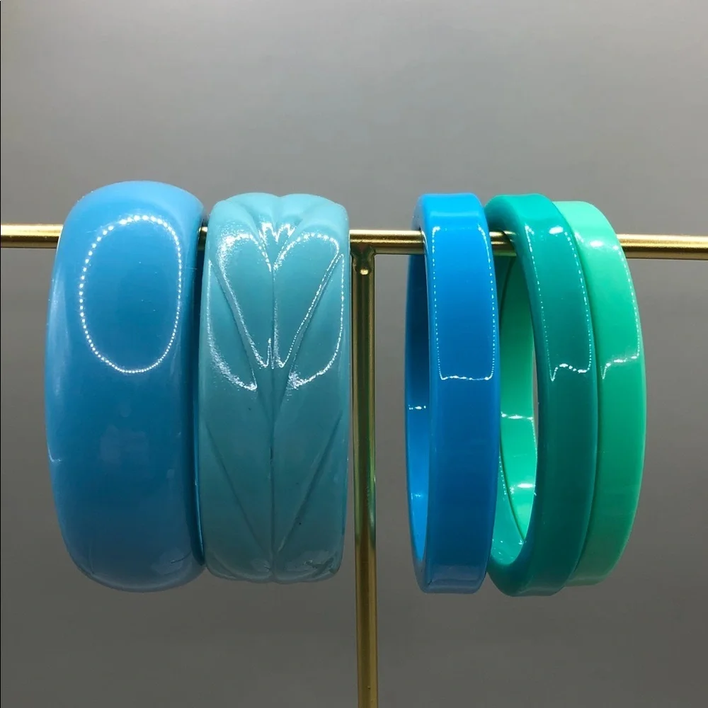 Bundle lot 5 vintage 90's acrylic resin bangle bracelets blue green layer stack